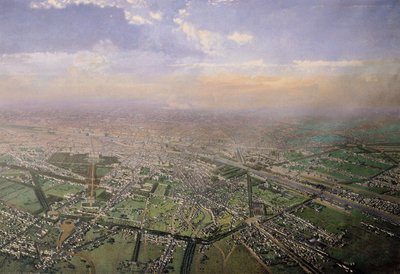 General view of Paris from a hot-air balloon, 1855 (detail) by Victor Navlet